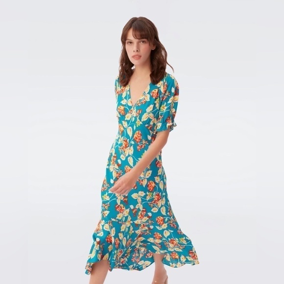 Diane Von Fustenberg Orla Dress Floral Turquoise Sz 14 - Picture 2 of 6